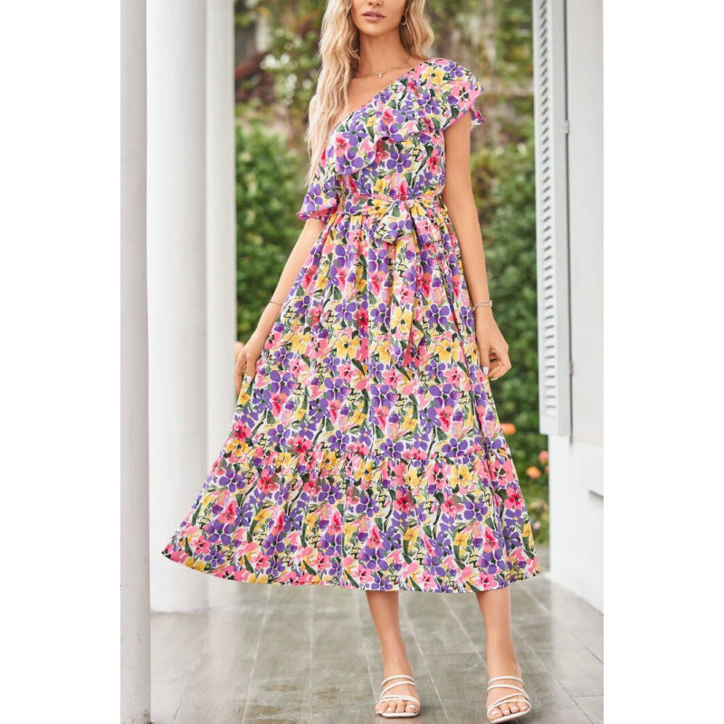 Damen Maxikleid mit asymmetrischem Schnitt und floralem Volantdesign EB