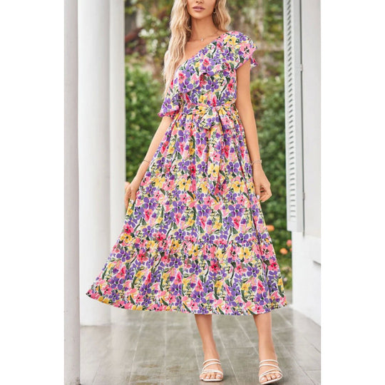 Damen Maxikleid mit asymmetrischem Schnitt und floralem Volantdesign EB