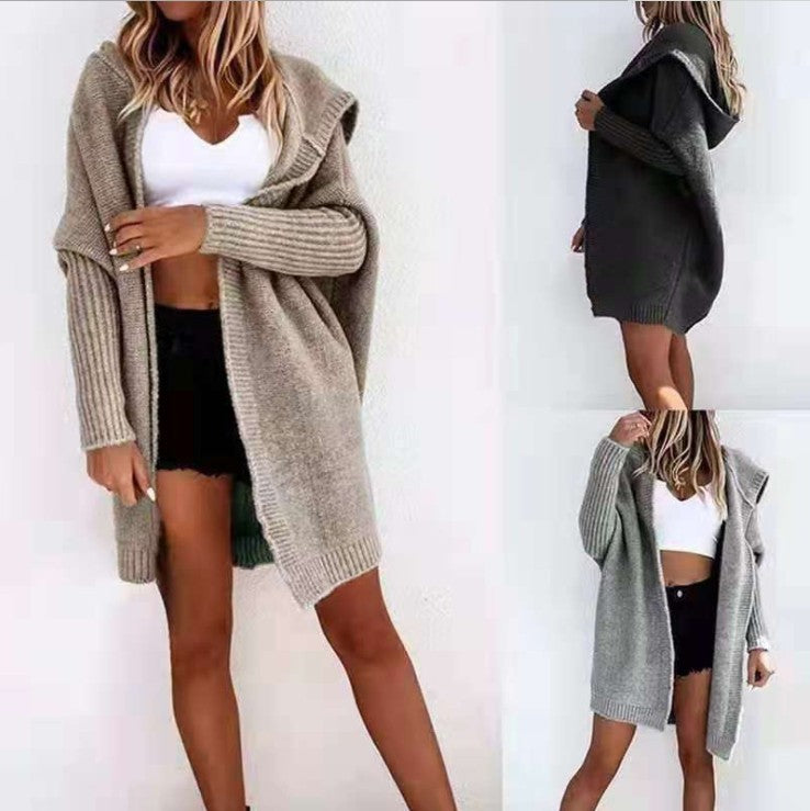 Damen Modische Strickjacke mit Kapuze und offenen Ärmeln EB