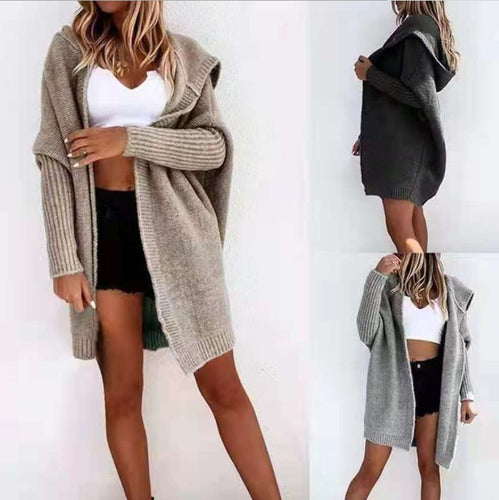 Damen Modische Strickjacke mit Kapuze und offenen Ärmeln EB