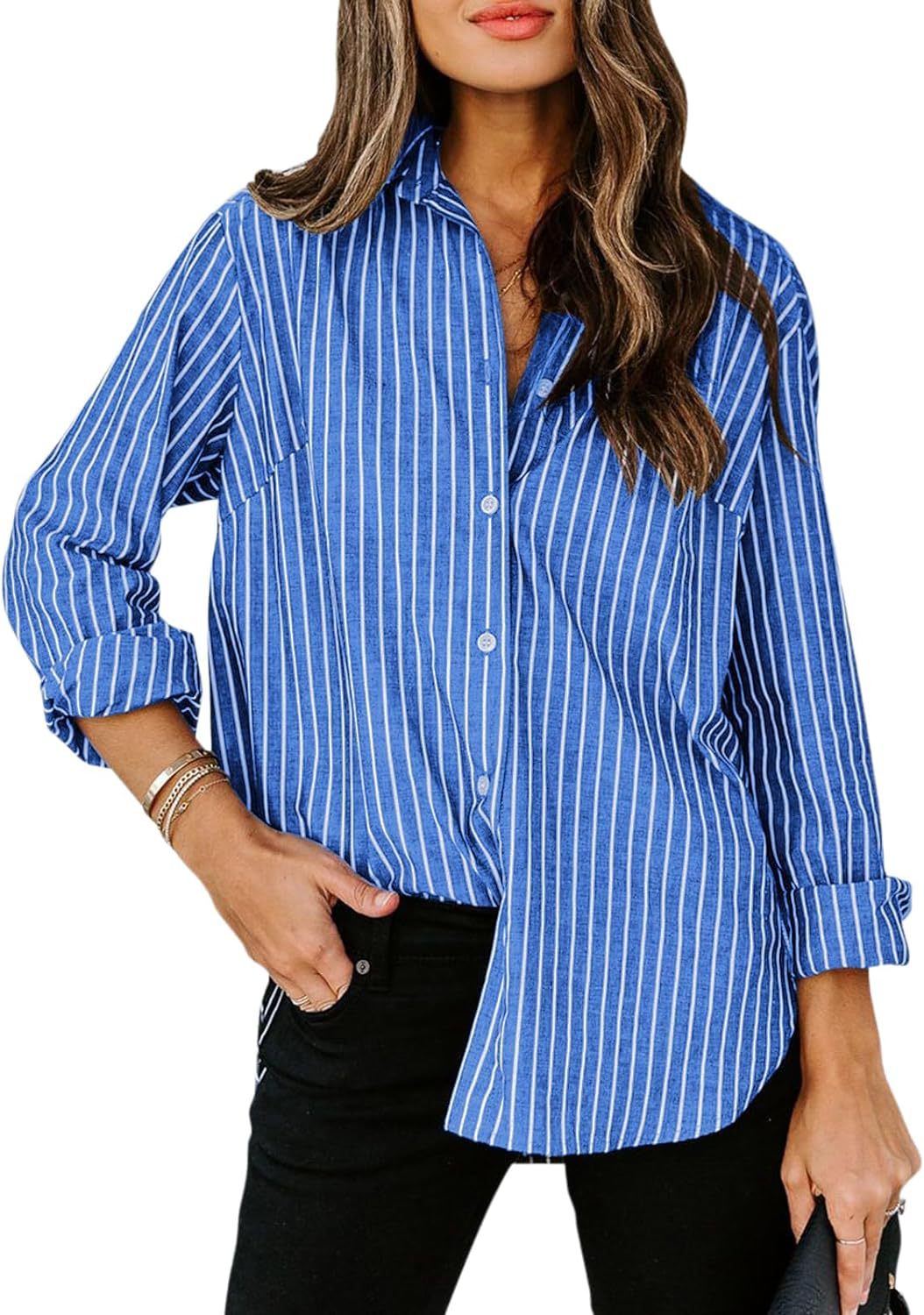 Damen gestreifte Bluse mit klassischem Kragen und lässigem Schnitt EB