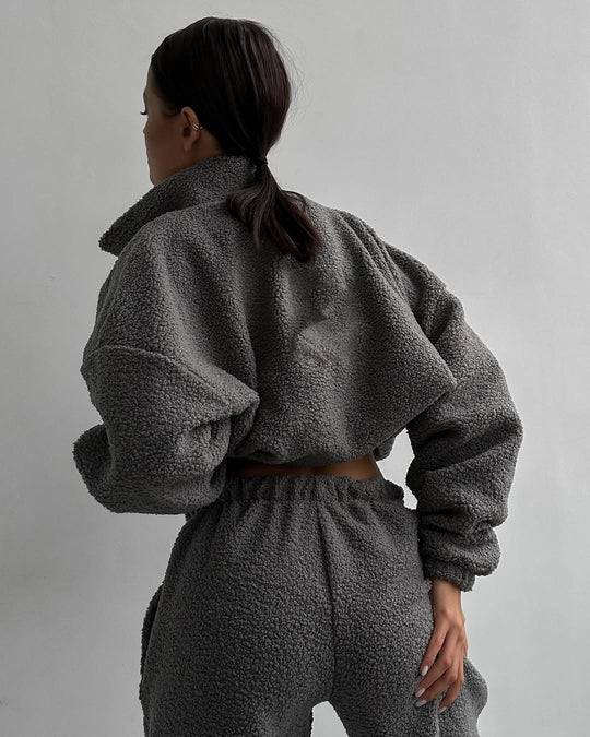Damen Teddy-Fleece Loungewear-Set mit Reißverschlussjacke und Kordelzug-Hose EB