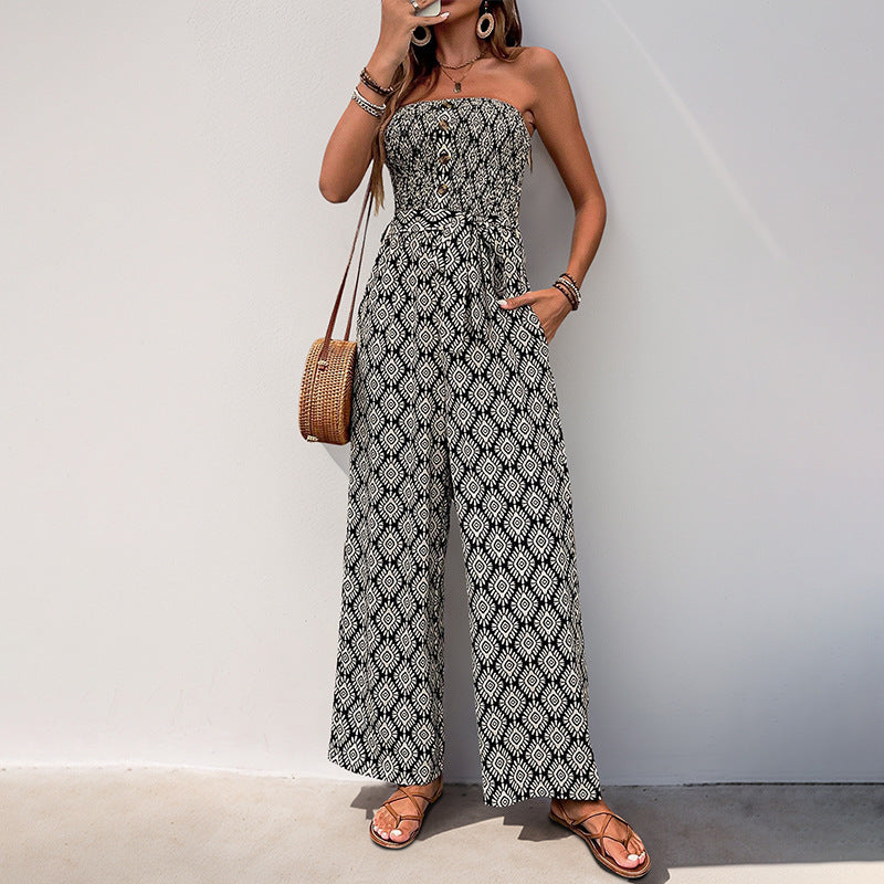 Damen Alltagsjumpsuit mit elastischem Oberteil und modischem Muster EB