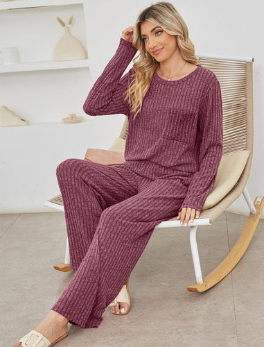 EB | Lounge Satz Strickrib Textur Lockere Passform Langärmliges Oberteil & Hose