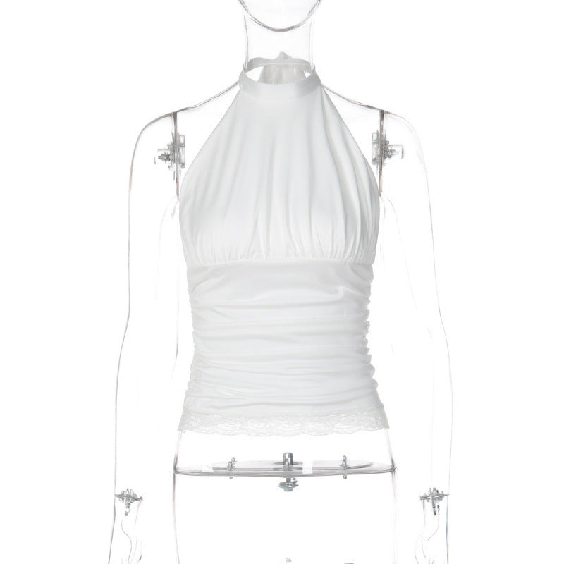 Damen Elegantes Haltertop mit Rüschen und Spitzenabschluss EB