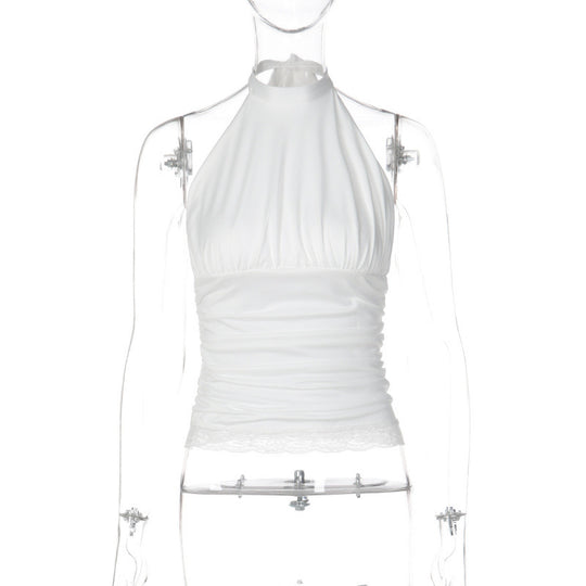 Damen Elegantes Haltertop mit Rüschen und Spitzenabschluss EB