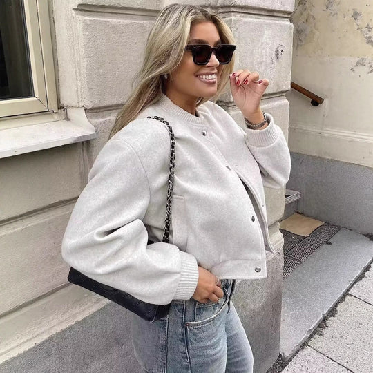 Damen Kurzgeschnittene Wollmix Bomberjacke mit Druckknöpfen und Rippbündchen EB
