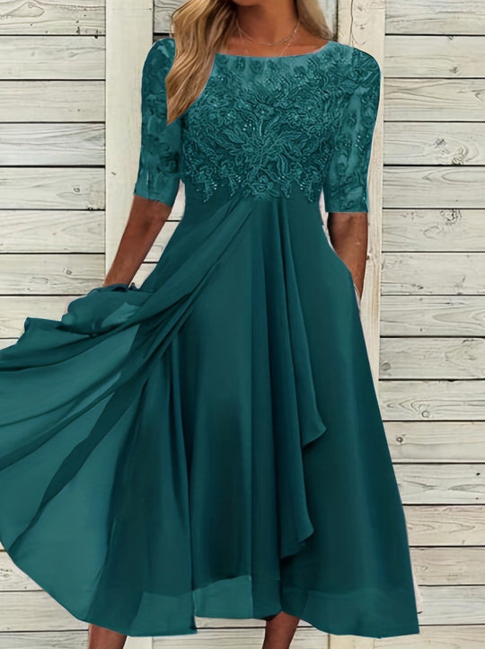 Damen nan V-Ausschnitt Chiffon-Midikleid mit besticktem Bustier, transparenten dreiviertel-Ärmeln und asymmetrischem Lagenrock EB
