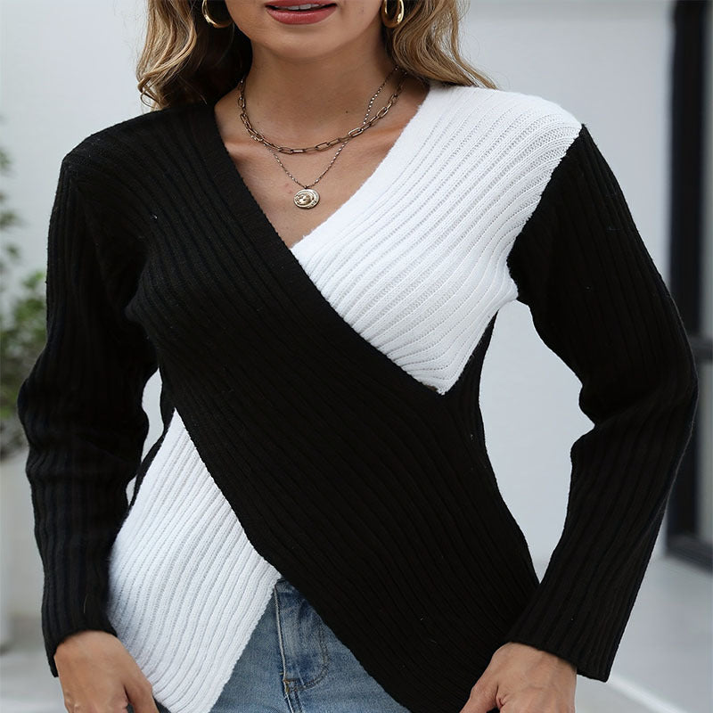 Damen eleganter V-Ausschnitt Pullover mit asymmetrischem Streifenmuster EB