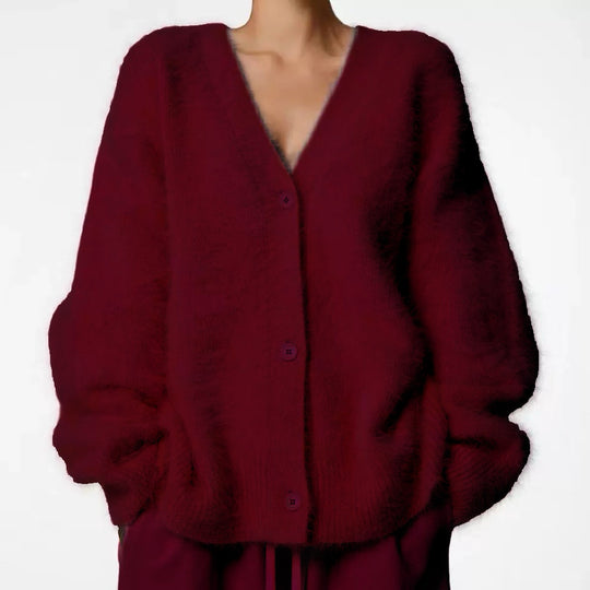 Damen Flauschiger Oversize-Knopfcardigan mit tiefem V-Ausschnitt und Eingrifftaschen EB