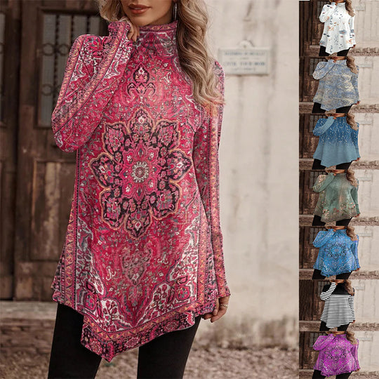 Damen Tunika mit floralem Design und hohem Kragen EB