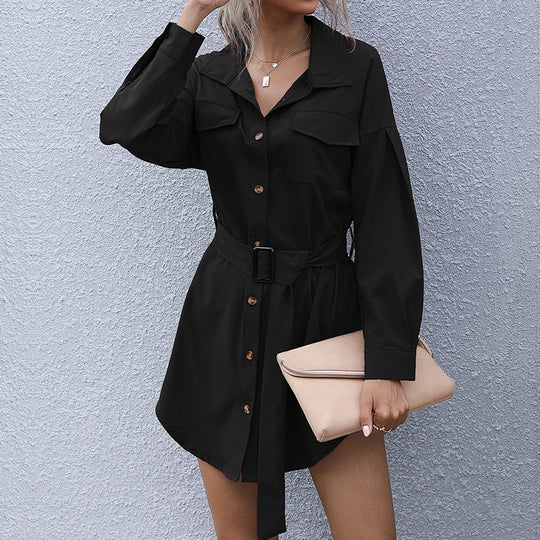 Damen Hemdblusenkleid mit Taillengürtel und praktischen Brusttaschen EB