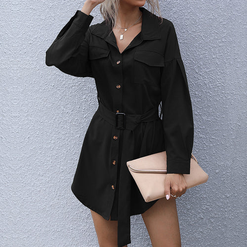 Damen Hemdblusenkleid mit Taillengürtel und praktischen Brusttaschen EB