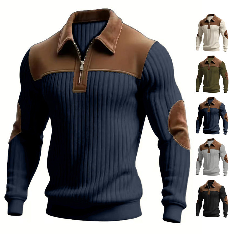 Herren nan gerippter Halbzip-Pullover mit kontrastierenden Lederapplikationen an Schultern und Ellenbogen EB