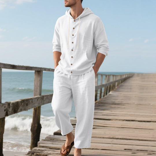 Herren nan lockeres Strand-Ensemble aus leichter Leinenmischung mit Kapuzen-Henley und elastischer Bundhose EB