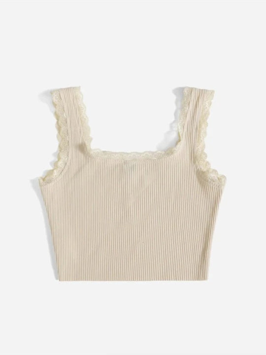 Damen modisches Basic-Crop-Top aus feiner Rippstruktur mit Spitzenrand EB