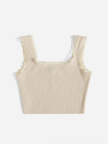 Damen modisches Basic-Crop-Top aus feiner Rippstruktur mit Spitzenrand EB