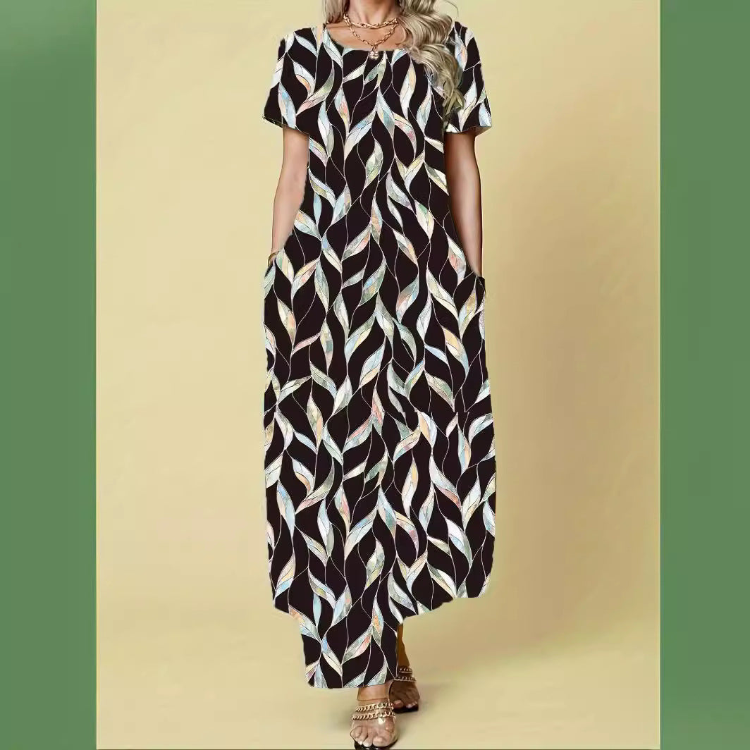 Damen Maxikleid mit elegantem Blattmuster und praktischen Taschen EB