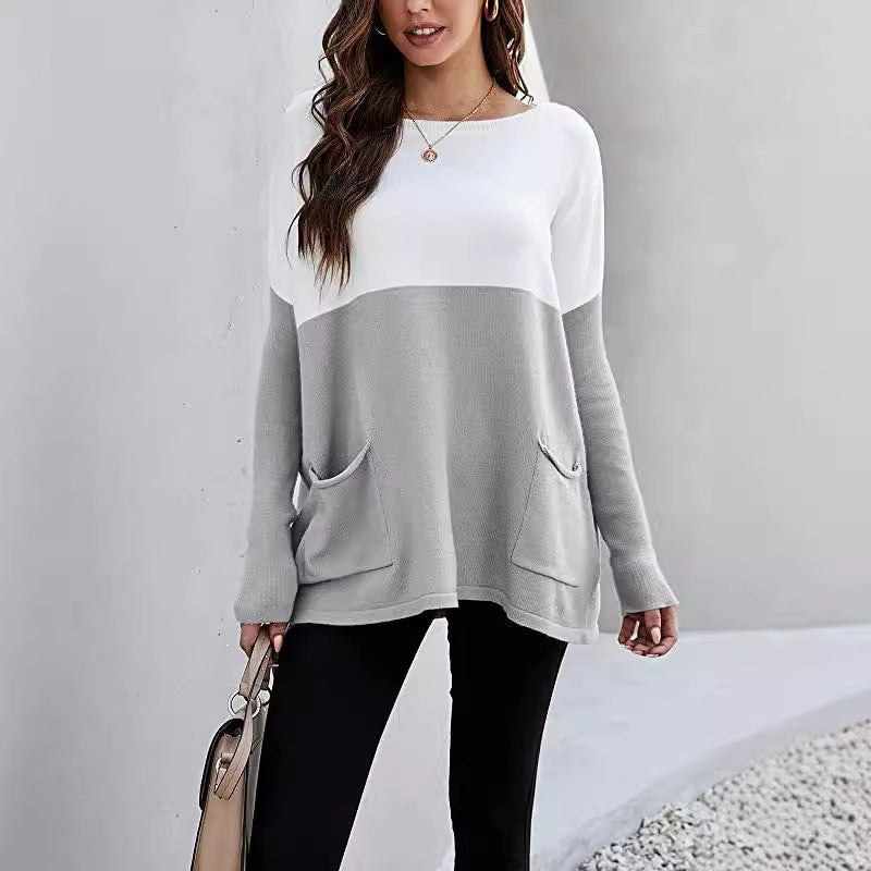 Damen Strickpullover mit großen Fronttaschen und kontrastiertem Design EB