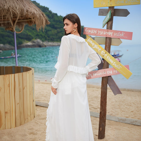 Damen elegantes transparentes Strandkleid mit Rüschen EB