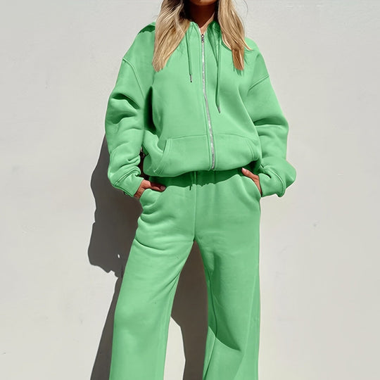 Damen bequemer und stilvoller Loungewear-Anzug mit zipbarem Hoodie und weitem Bein EB