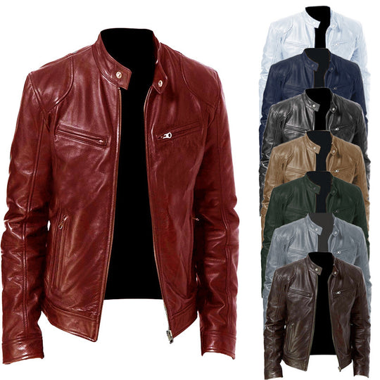 Herren nan schlanke Echtleder-Bikerjacke mit Stehkragen, zwei Brust-Reißverschlusstaschen und geradliniger Silhouette EB