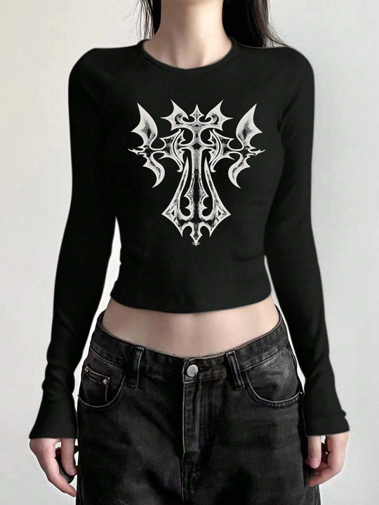 Damen nan figurbetontes langärmeliges Cropped-Shirt mit fotorealistischer Lippen-Collage und schmaler Passform EB