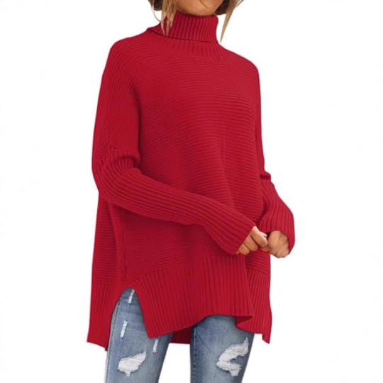 Damen Oversize-Rippenstrick Rollkragenpullover mit Seitenschlitzen und verlängertem Saum EB