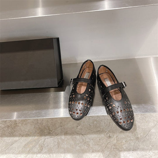 Damen elegante Ballerinas im modischen Lochdesign mit verstellbarem Riemen EB