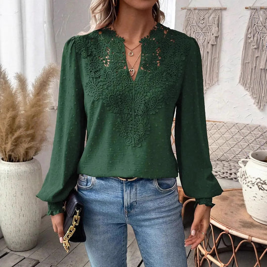 Damen nan Spitzenapplikation V-Ausschnitt Bluse mit Strukturpunkt, gerafften Manschetten und leicht taillierter Silhouette EB