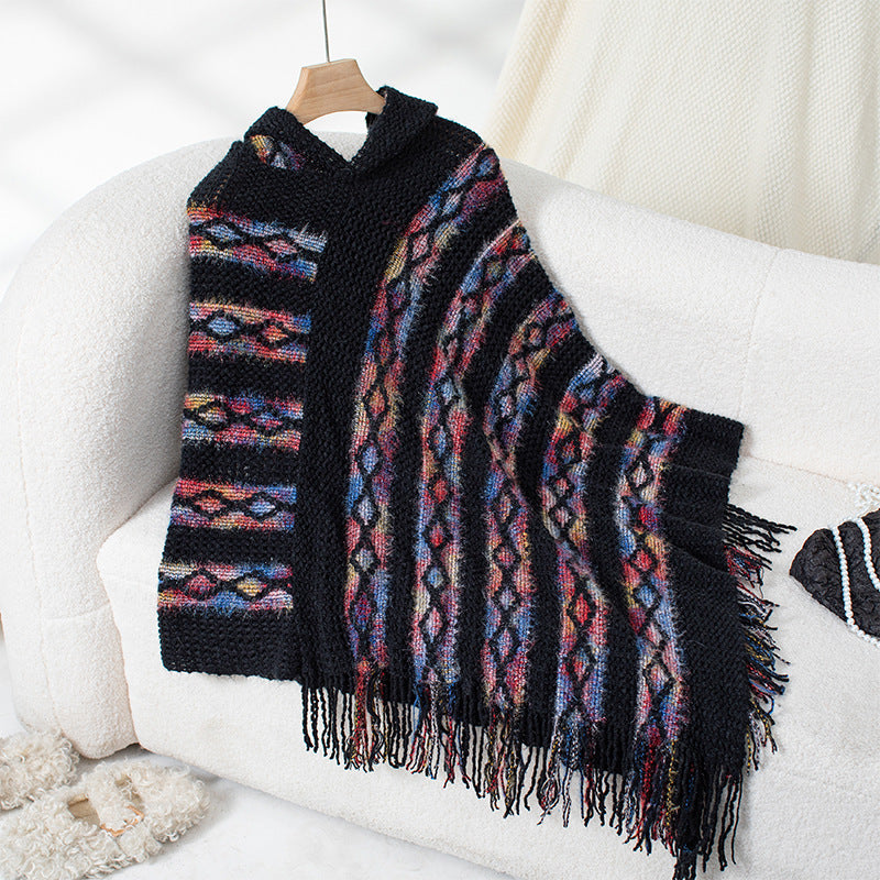 Damen Strickponcho mit Kapuze und fransigem Design EB
