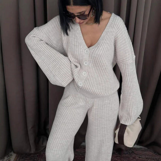 Damen Gerippter Strick‑Zweiteiler mit Oversized‑Cardigan und High‑Waist‑Sweathose EB