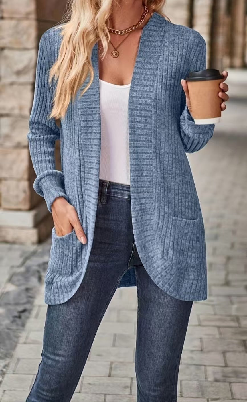 Damen Strickjacke mit offenen Front und praktischen Taschen EB