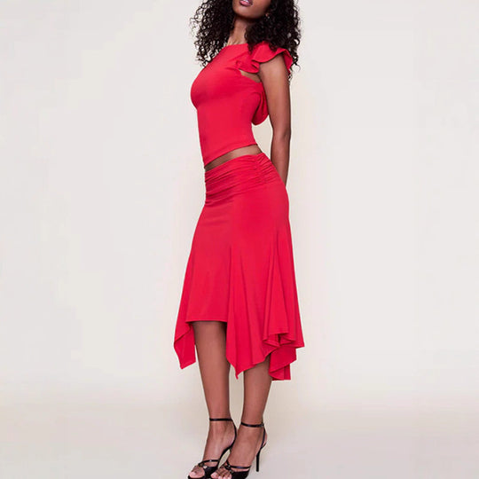 Damen Elegantes Oberteil mit Rüschendetails und asymmetrischem Rock EB