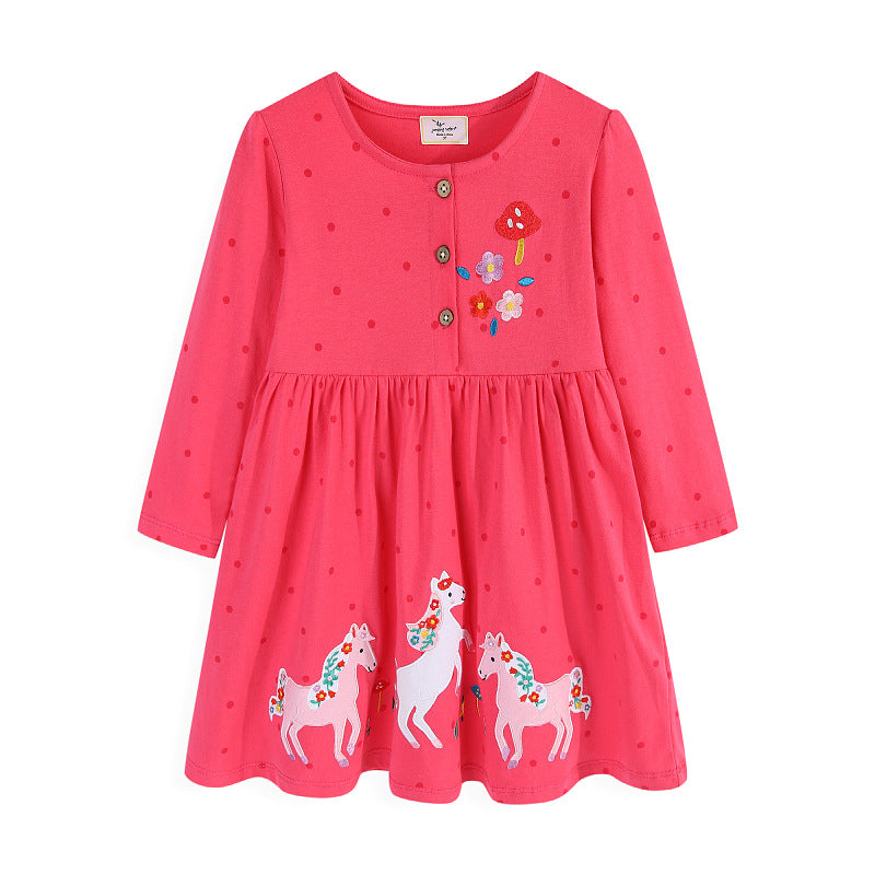 Mädchen Kleid mit bunten Einhorn- und Blumenstickereien EB