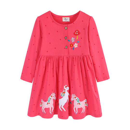 Mädchen Kleid mit bunten Einhorn- und Blumenstickereien EB