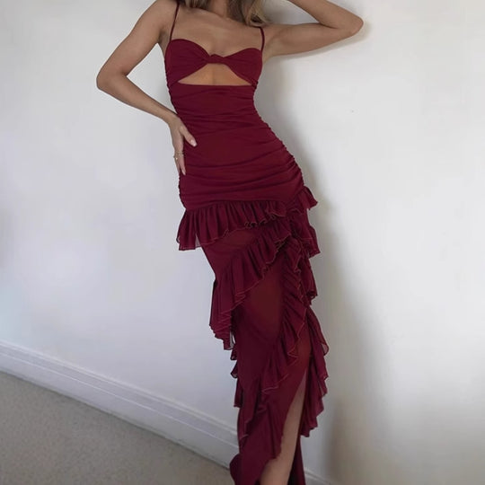 Damen Elegantes Maxikleid mit Spitzendesign und Rüschendetails EB