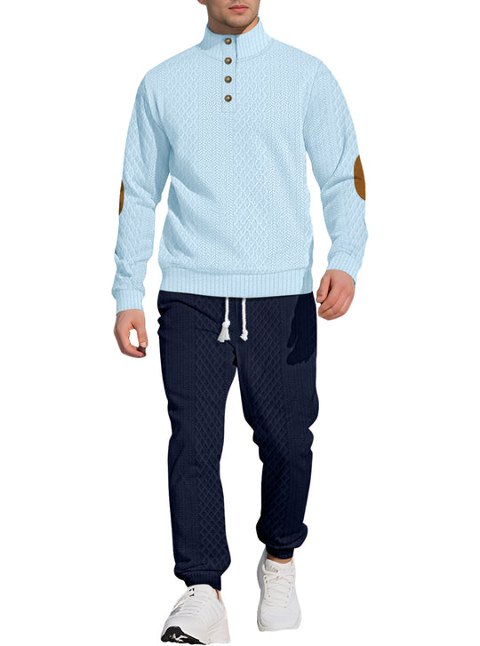 Herren nan strukturiertes Strick-Freizeitset mit Halbknopf-Stehkragen Wildleder-Ellbogenpatches und Kordelbund-Jogger EB