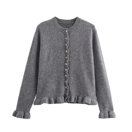 Damen Strickjacke mit dekorativem Rüschensaum und Knopfverschluss EB