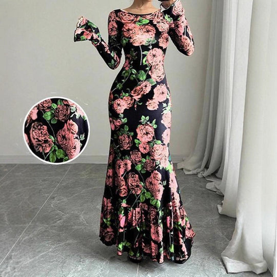 Damen nan eng anliegendes Maxikleid mit Meerjungfrauen-Schnitt, langen Glockenärmeln und Rüschensaum EB
