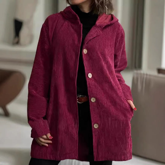 Damen Wohlfühljacke aus Cord mit Kapuze und großen Knöpfen EB