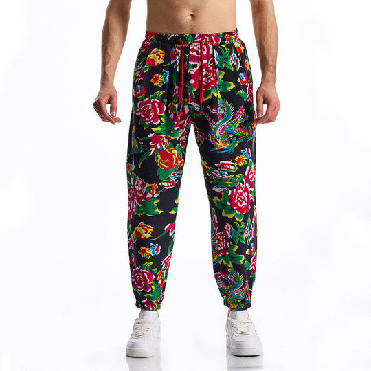 Herren lässige Haremshose mit buntem Blumenmuster und Gummizug EB