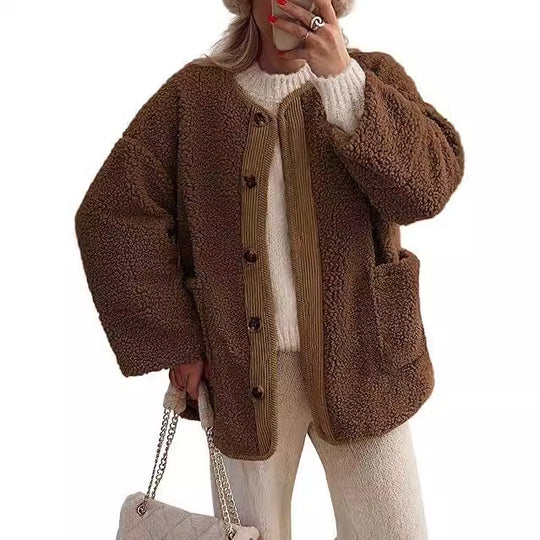 Damen kuschelige Teddyjacke mit farblich abgestimmtem Kragen EB