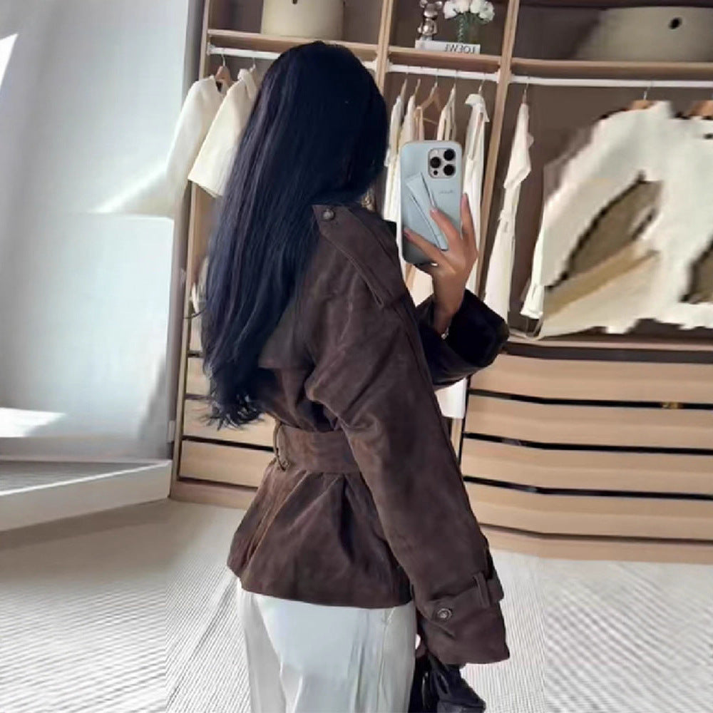 Damen Kunstlederjacke mit modischem Wickeldesign und breiten Ärmeln EB