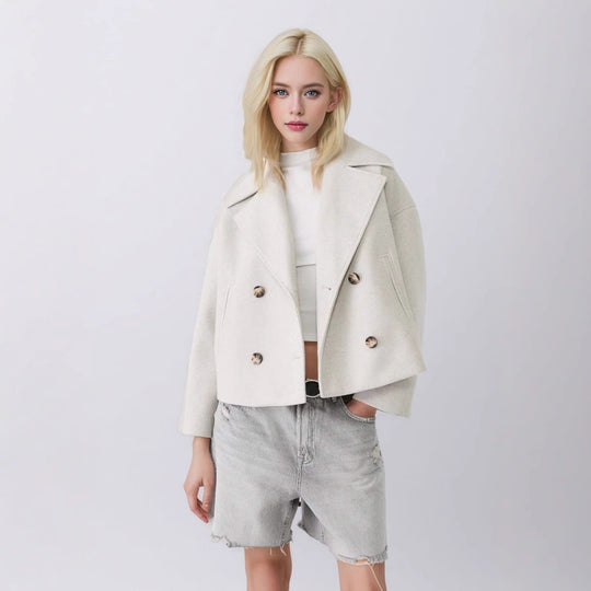 Damen nan kurzes doppeltreihiges Wollmix-Manteljacke im Boxy-Cut mit weitem Reverskragen EB