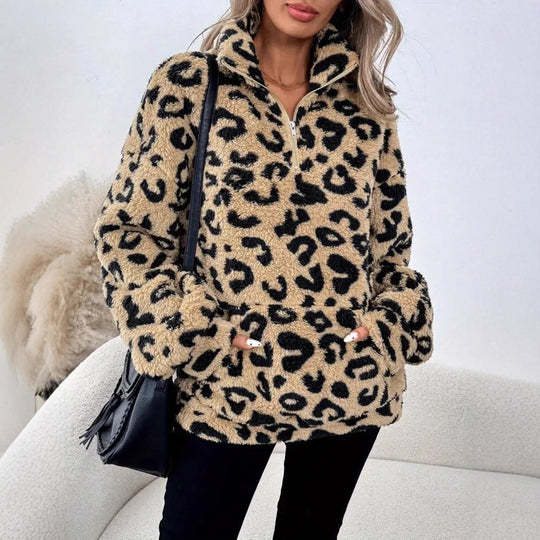 Damen Fleece-Pullover mit stylischem Leopardenmuster EB