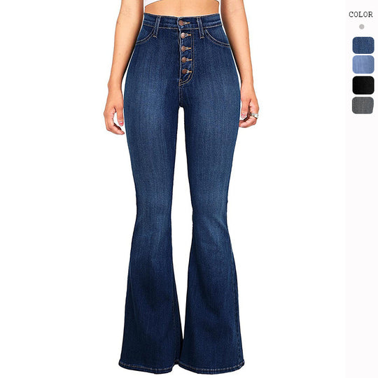 Damen nan Highwaist-Jeans mit ausgestelltem Schlag, taillierter Passform und dekorativer Knopfleiste EB