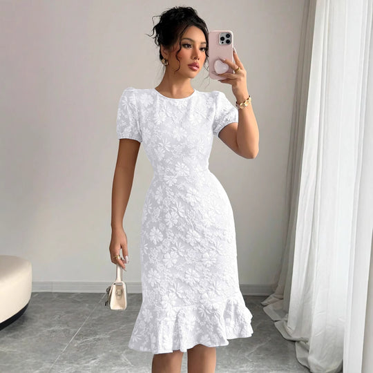 Damen Blumenspitze Midi-Kleid mit Rüschensaum EB