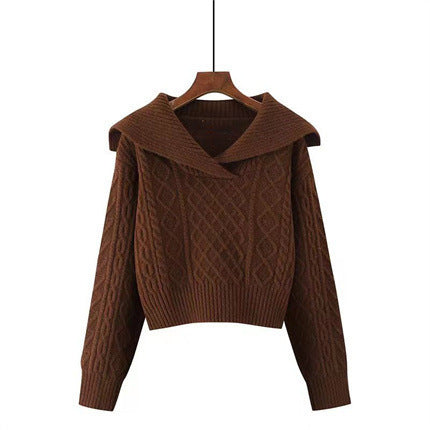 Damen Strickpullover mit weitem Kragen und raffiniertem Zopfmuster EB