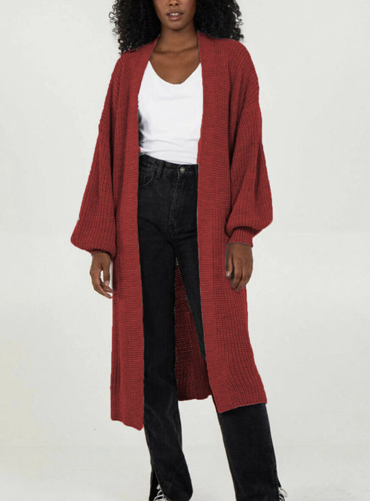 Damen Langer Strickcardigan mit voluminösen Ärmeln und offenem Schnitt EB
